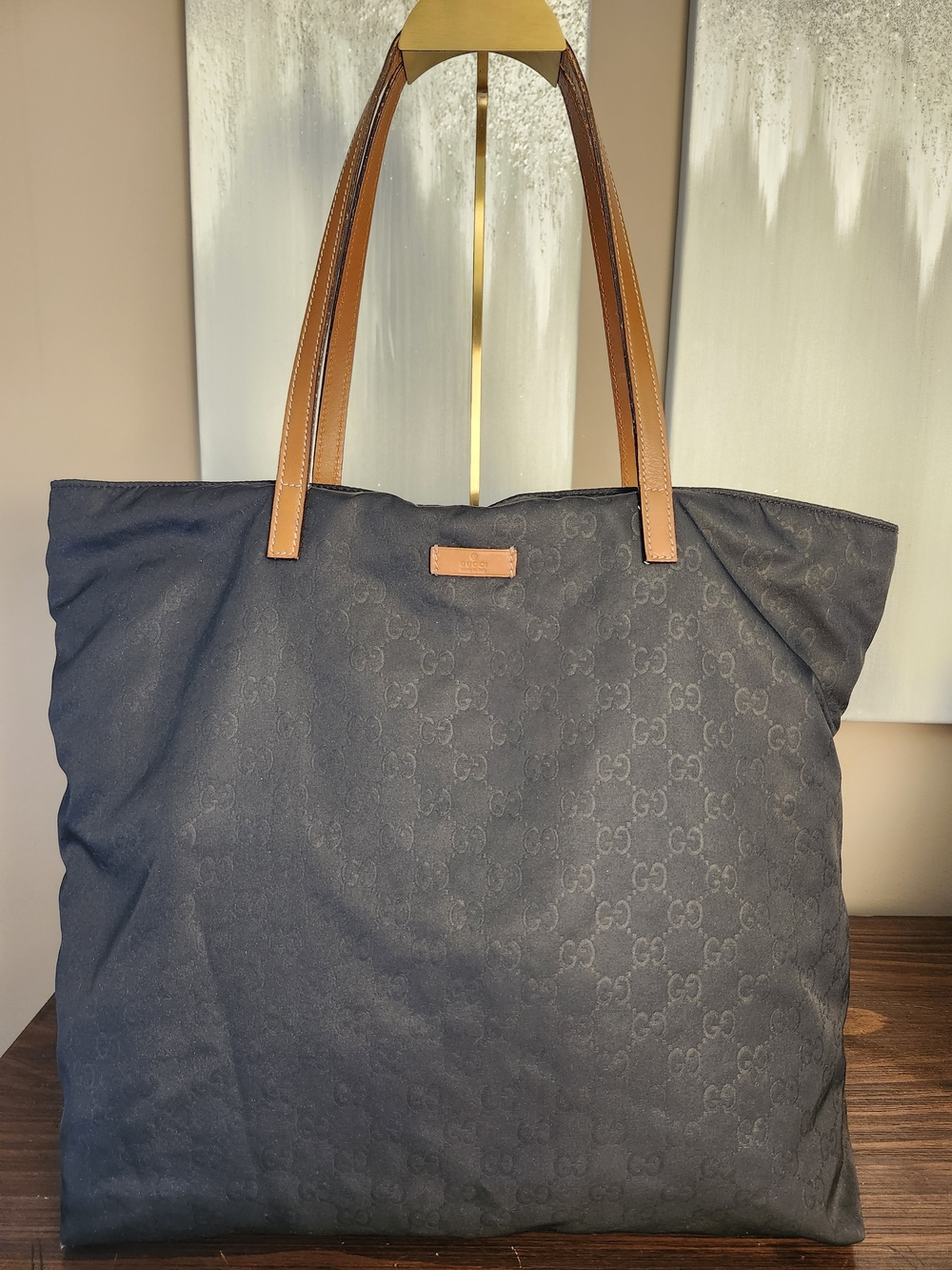 Gucci Guccissima GG Monogram Canvas Tote in Black With Brown Leather Handles